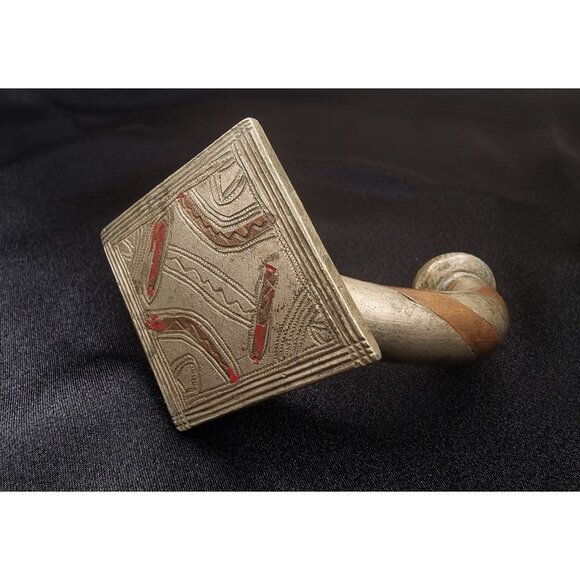 Antique African Heavy Metal Cuff Bracelet With Intricate Geometric Red & Brown - Picture 1 of 5